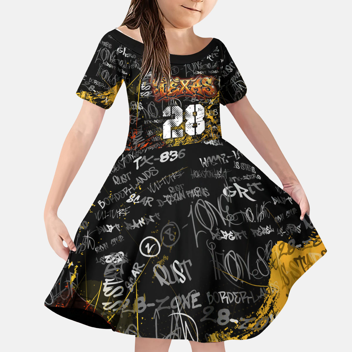 Personalized Texas State Pride Kid Short Sleeve Dress Urban Graffiti Style - Longhorn Skull - Oil Derrick Graphic