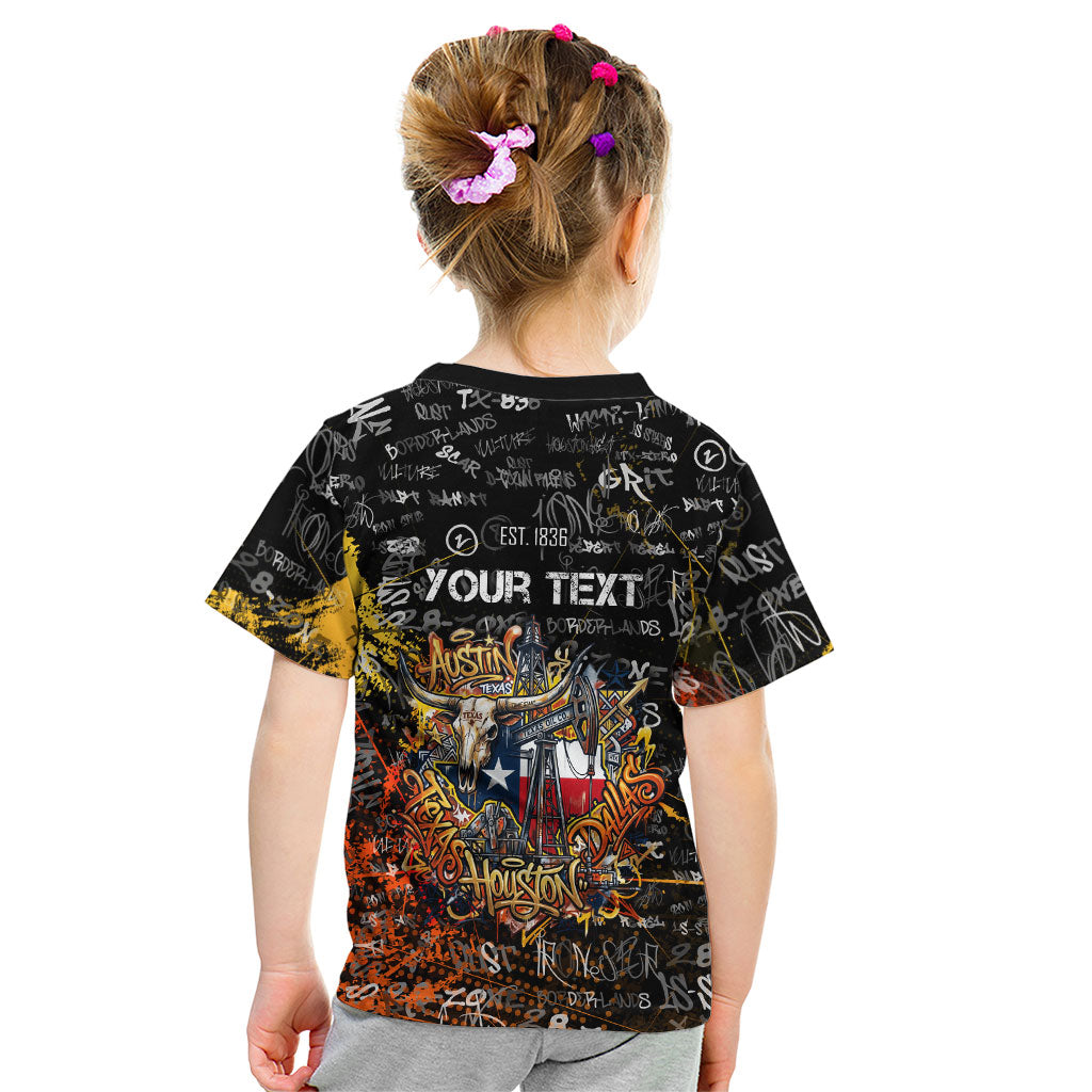 Personalized Texas State Pride Kid T Shirt Urban Graffiti Style - Longhorn Skull - Oil Derrick Graphic