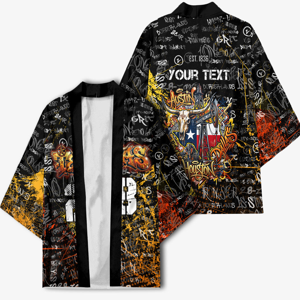 Personalized Texas State Pride Kimono Urban Graffiti Style - Longhorn Skull - Oil Derrick Graphic