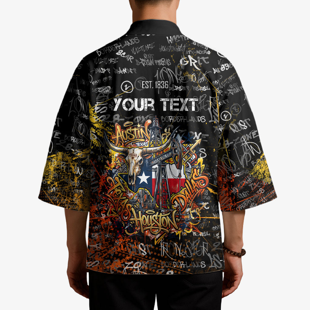 Personalized Texas State Pride Kimono Urban Graffiti Style - Longhorn Skull - Oil Derrick Graphic