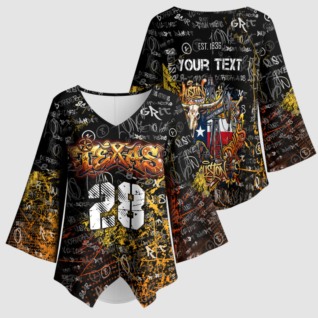 Personalized Texas State Pride Kimono Sleeve Blouse Urban Graffiti Style - Longhorn Skull - Oil Derrick Graphic