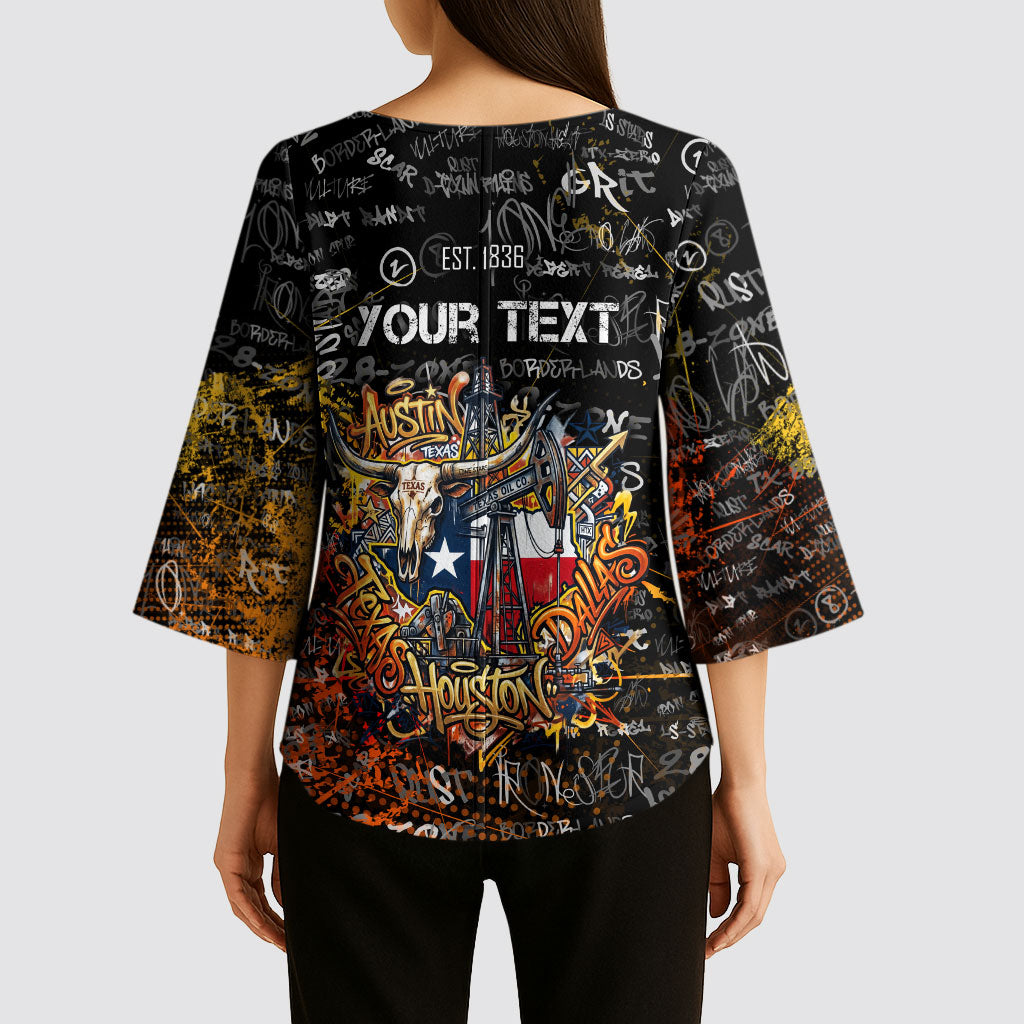 Personalized Texas State Pride Kimono Sleeve Blouse Urban Graffiti Style - Longhorn Skull - Oil Derrick Graphic