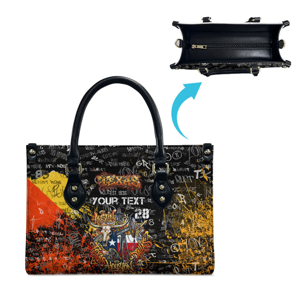 Personalized Texas State Pride Leather Bag Urban Graffiti Style - Longhorn Skull - Oil Derrick Graphic