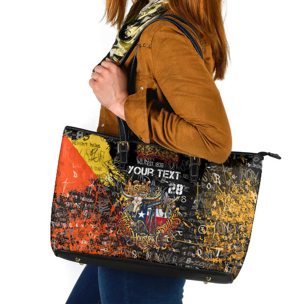 Personalized Texas State Pride Leather Tote Bag Urban Graffiti Style - Longhorn Skull - Oil Derrick Graphic