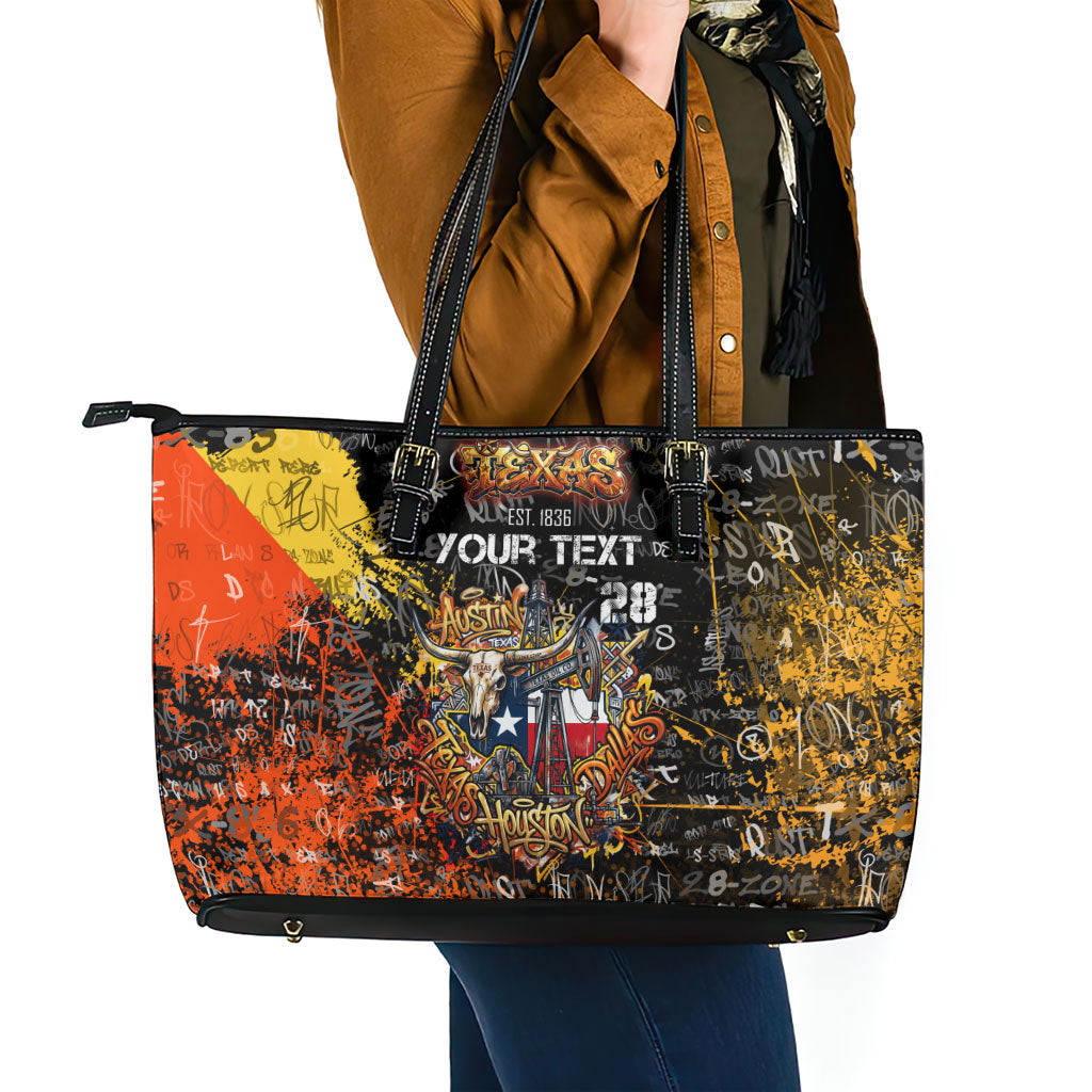 Personalized Texas State Pride Leather Tote Bag Urban Graffiti Style - Longhorn Skull - Oil Derrick Graphic