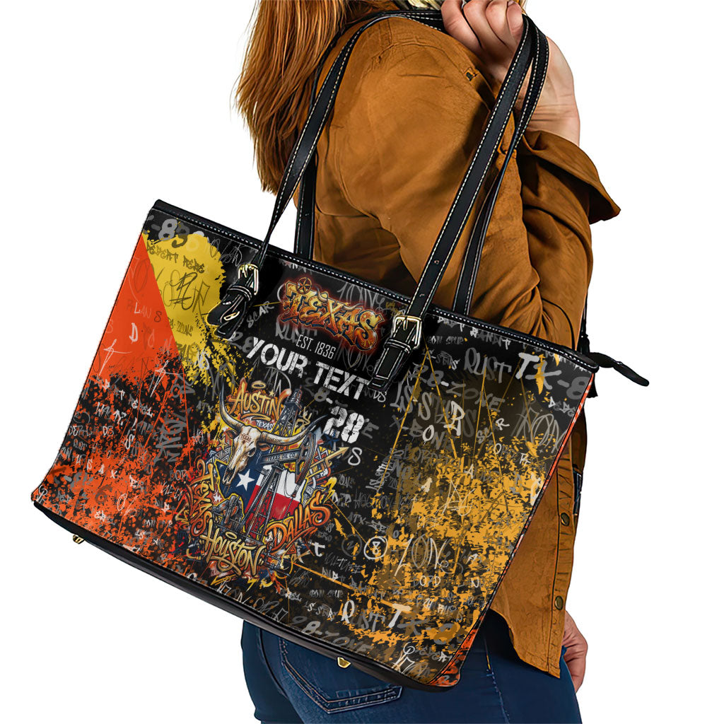 Personalized Texas State Pride Leather Tote Bag Urban Graffiti Style - Longhorn Skull - Oil Derrick Graphic
