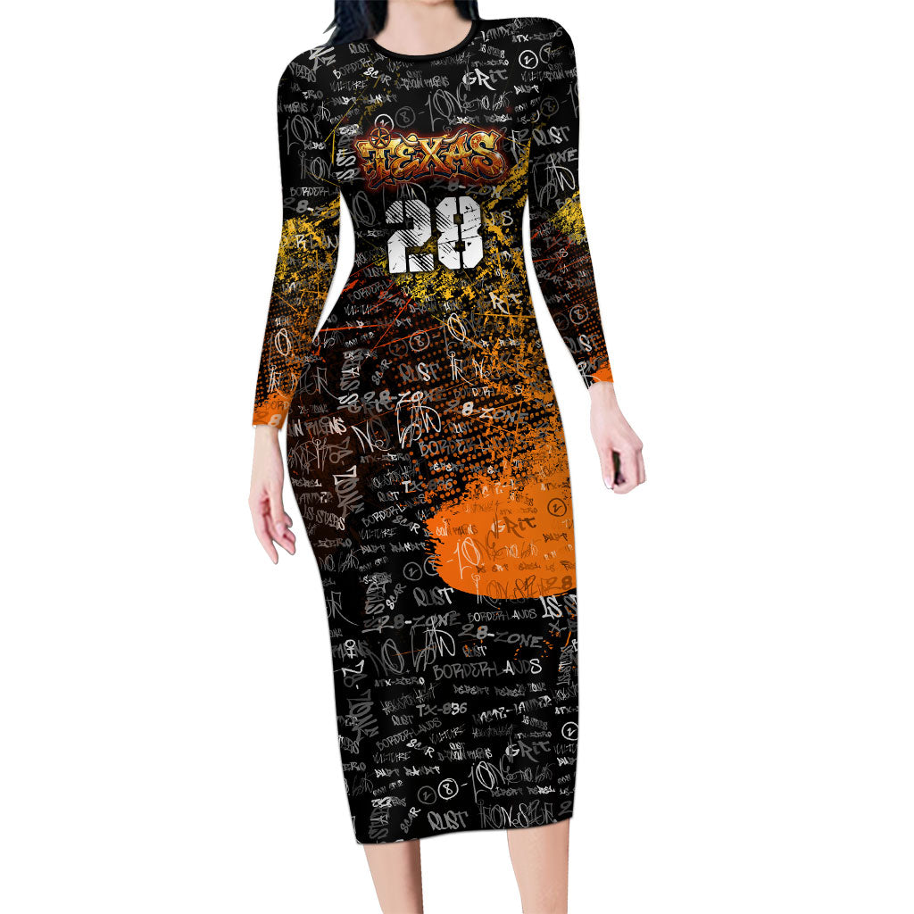 Personalized Texas State Pride Long Sleeve Bodycon Dress Urban Graffiti Style - Longhorn Skull - Oil Derrick Graphic