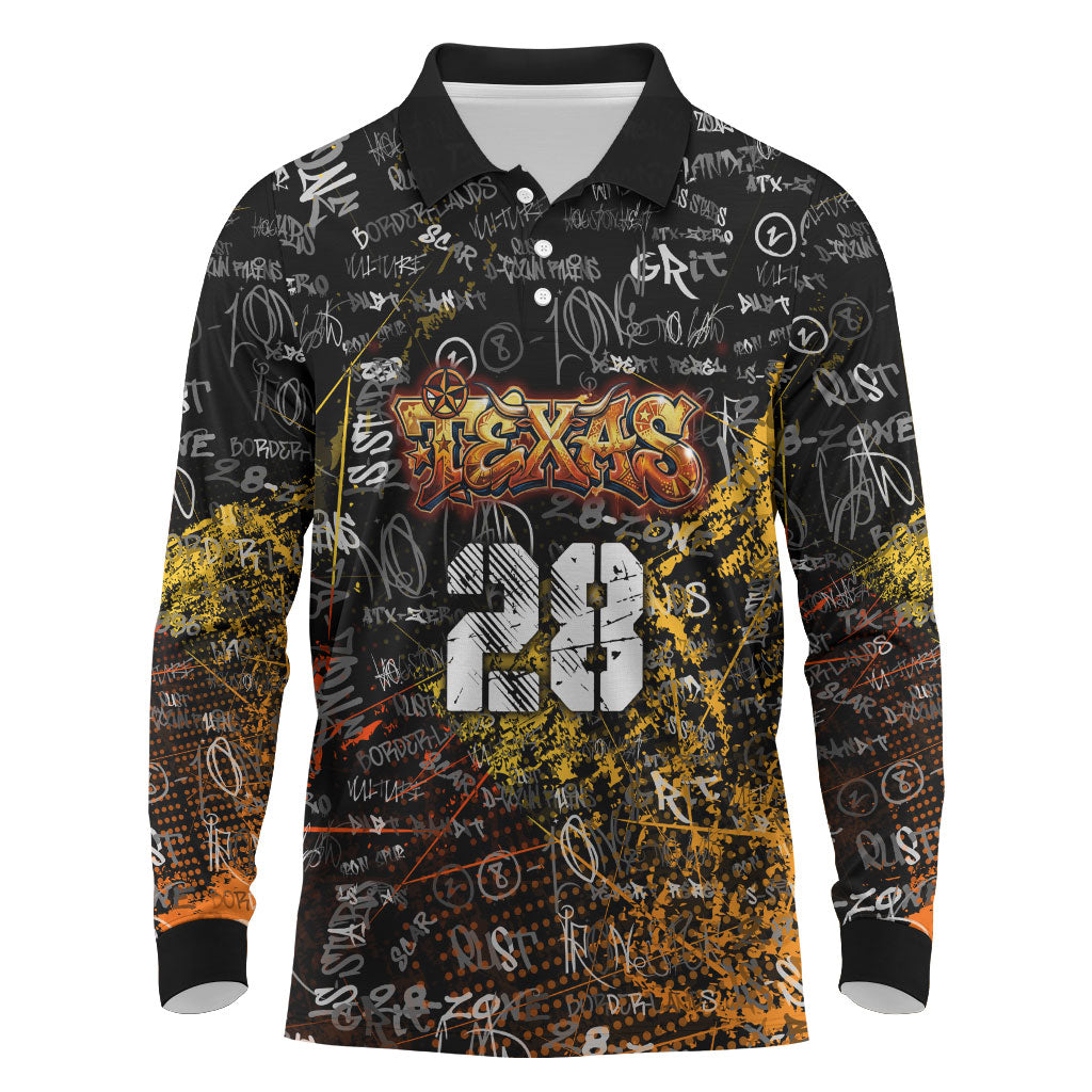 Personalized Texas State Pride Long Sleeve Polo Shirt Urban Graffiti Style - Longhorn Skull - Oil Derrick Graphic