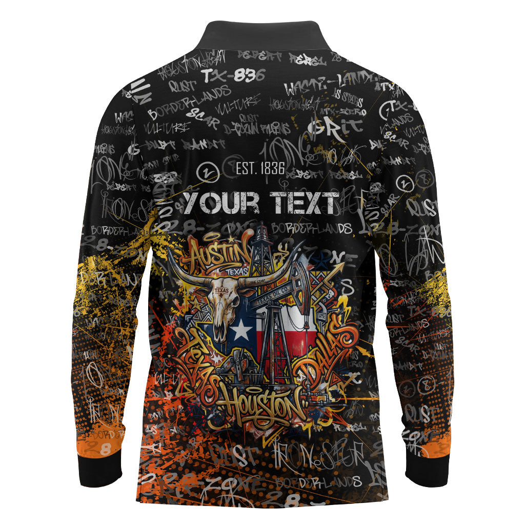 Personalized Texas State Pride Long Sleeve Polo Shirt Urban Graffiti Style - Longhorn Skull - Oil Derrick Graphic