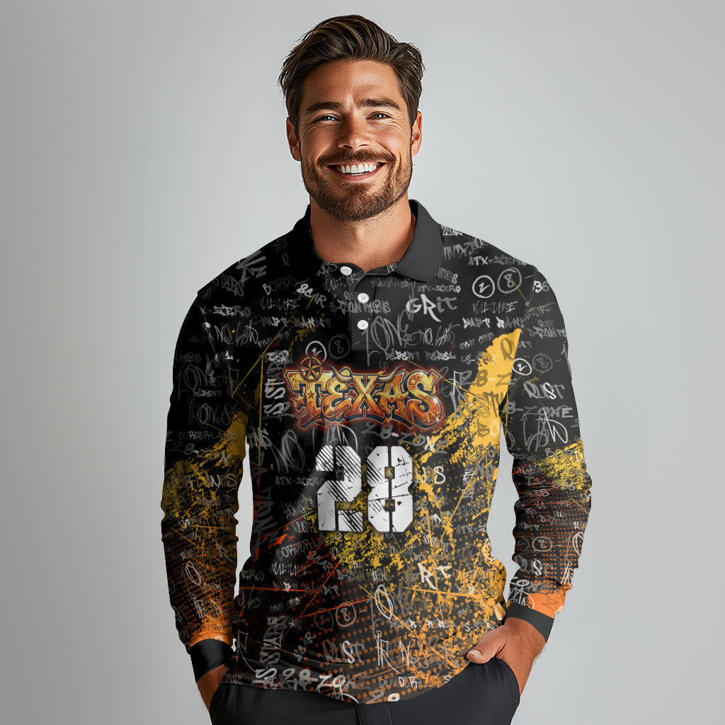 Personalized Texas State Pride Long Sleeve Polo Shirt Urban Graffiti Style - Longhorn Skull - Oil Derrick Graphic