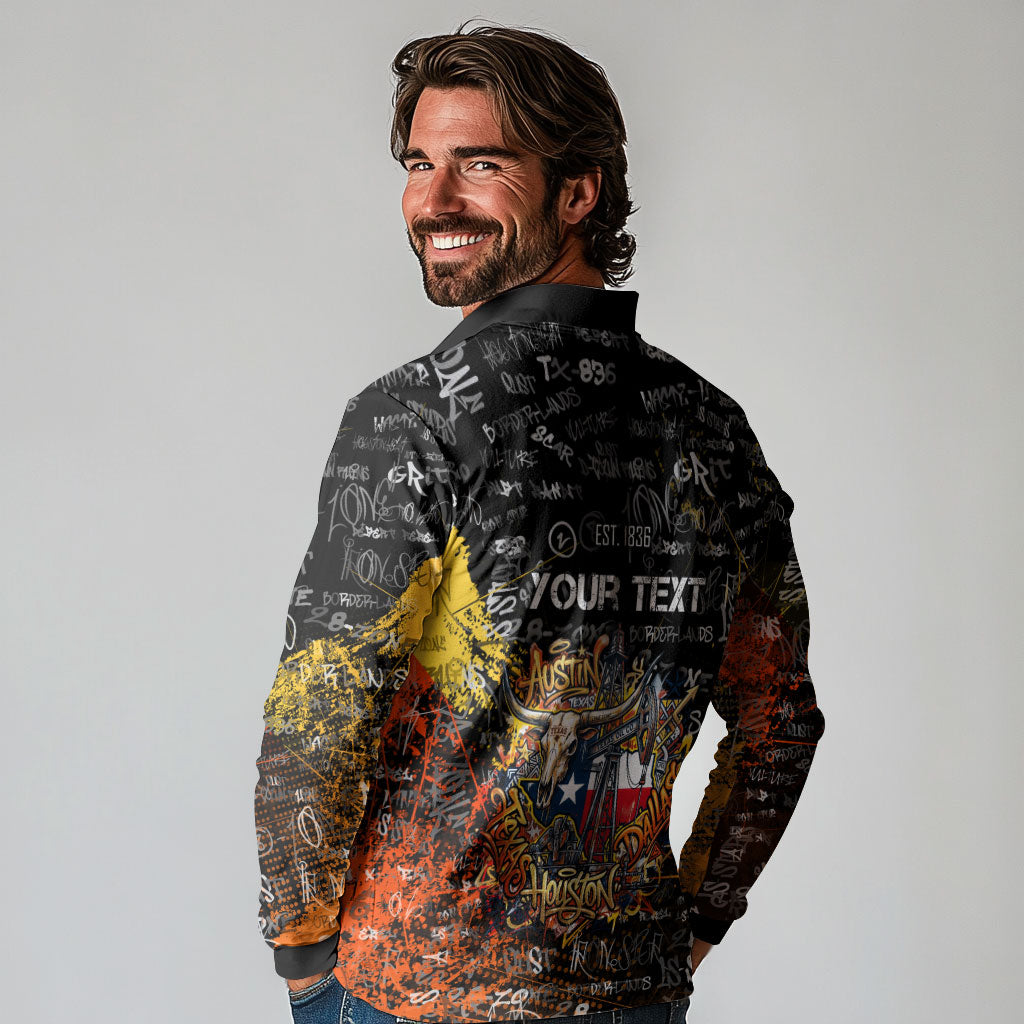 Personalized Texas State Pride Long Sleeve Polo Shirt Urban Graffiti Style - Longhorn Skull - Oil Derrick Graphic