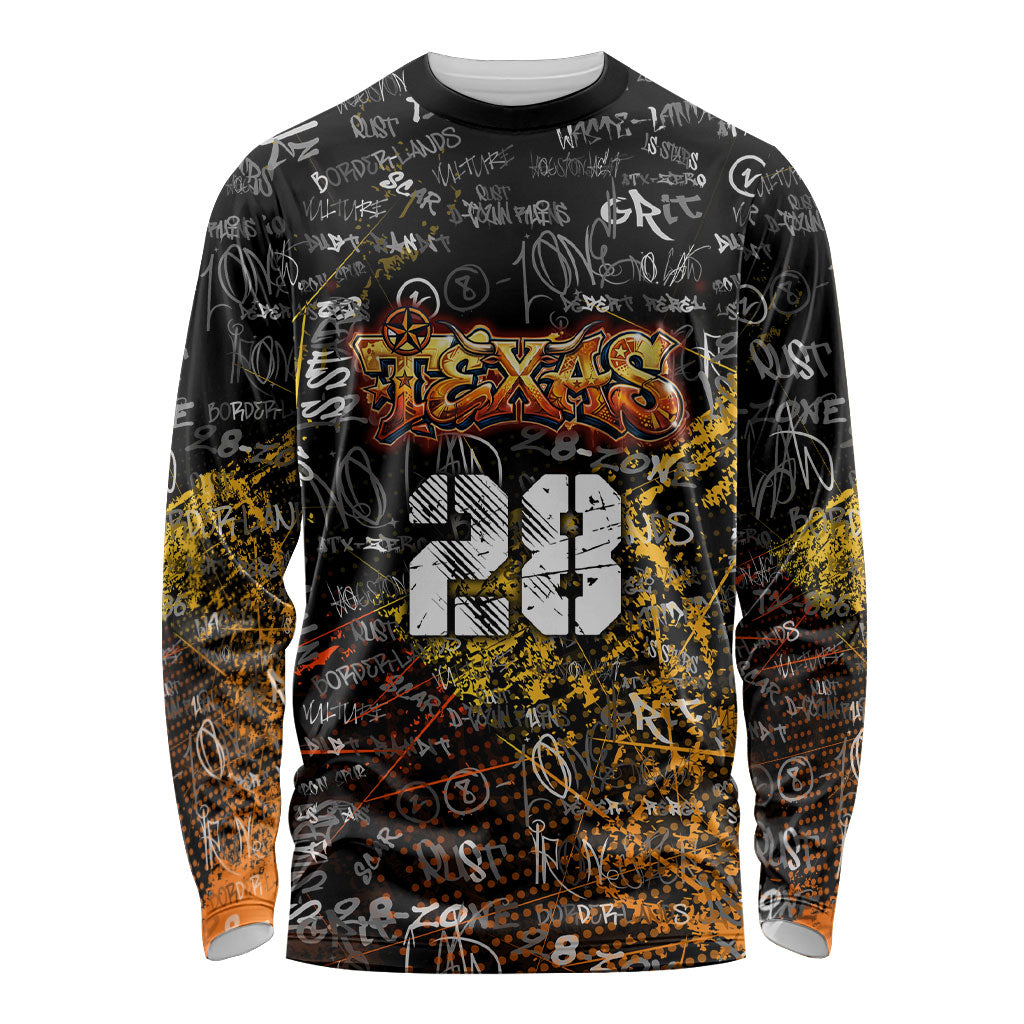 Personalized Texas State Pride Long Sleeve Shirt Urban Graffiti Style - Longhorn Skull - Oil Derrick Graphic