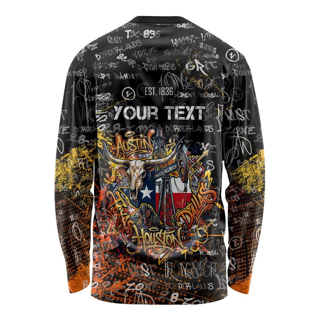 Personalized Texas State Pride Long Sleeve Shirt Urban Graffiti Style - Longhorn Skull - Oil Derrick Graphic