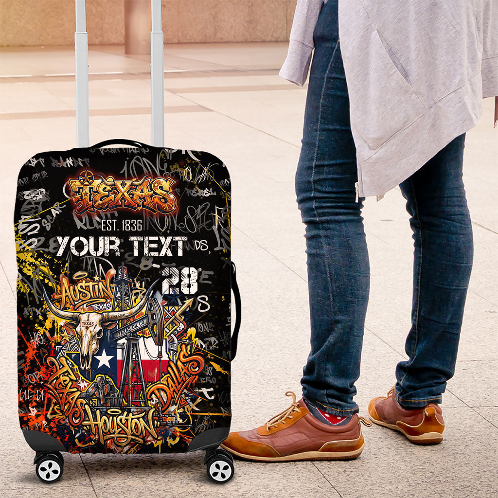 Personalized Texas State Pride Luggage Cover Urban Graffiti Style - Longhorn Skull - Oil Derrick Graphic