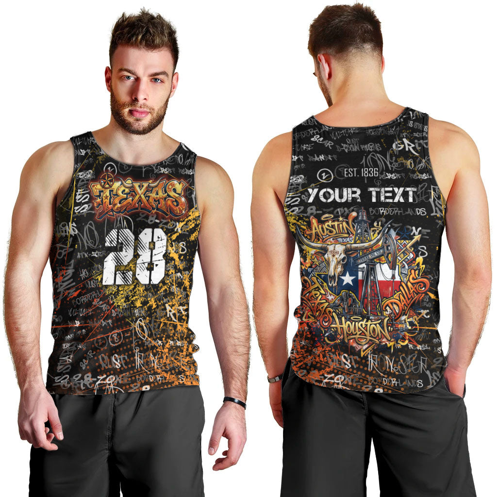 Personalized Texas State Pride Men Tank Top Urban Graffiti Style - Longhorn Skull - Oil Derrick Graphic