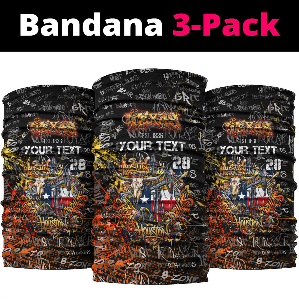 Personalized Texas State Pride Neck Gaiter Urban Graffiti Style - Longhorn Skull - Oil Derrick Graphic