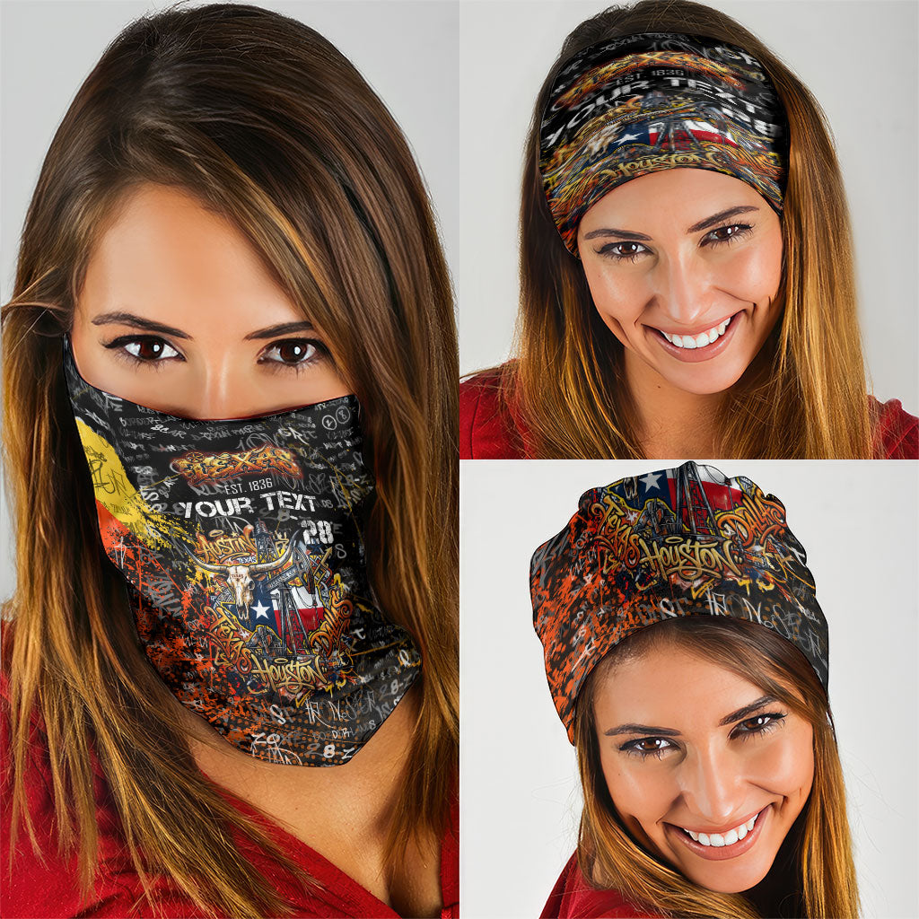 Personalized Texas State Pride Neck Gaiter Urban Graffiti Style - Longhorn Skull - Oil Derrick Graphic