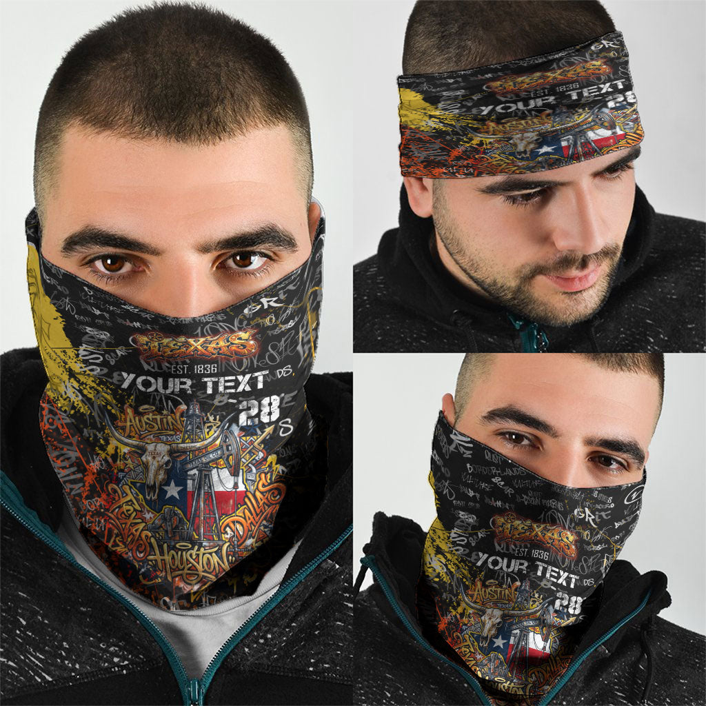 Personalized Texas State Pride Neck Gaiter Urban Graffiti Style - Longhorn Skull - Oil Derrick Graphic