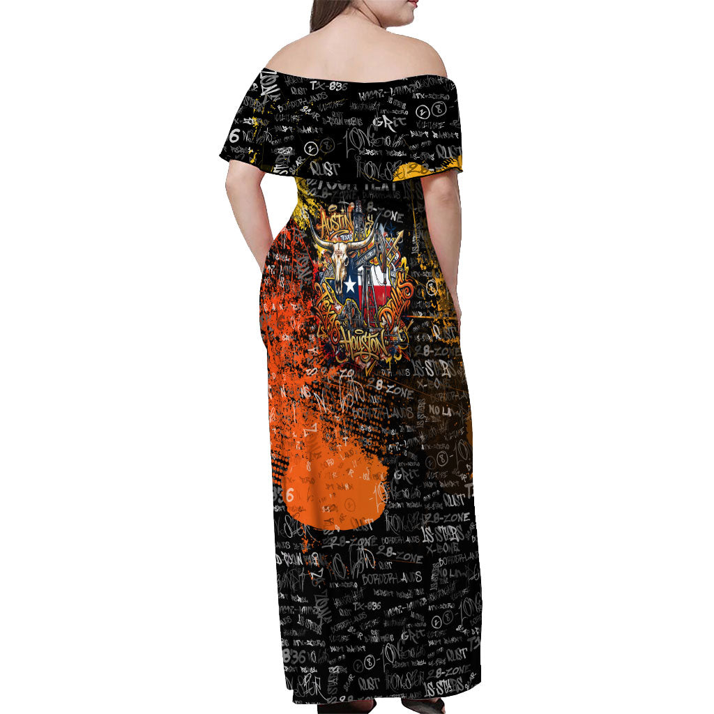 Personalized Texas State Pride Off Shoulder Maxi Dress Urban Graffiti Style - Longhorn Skull - Oil Derrick Graphic