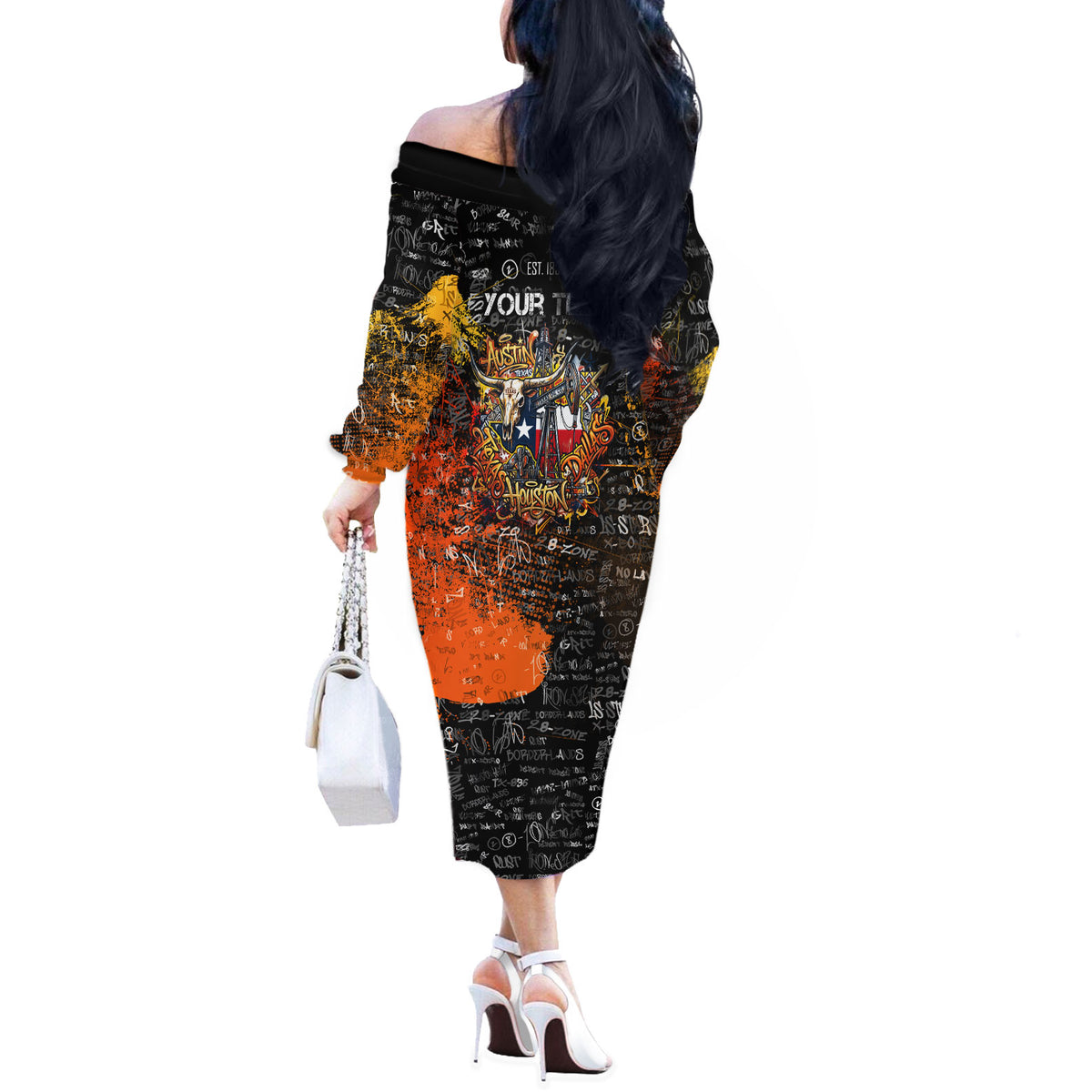 Personalized Texas State Pride Off The Shoulder Long Sleeve Dress Urban Graffiti Style - Longhorn Skull - Oil Derrick Graphic