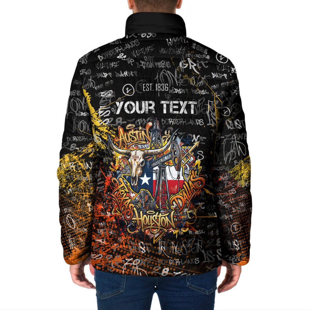 Personalized Texas State Pride Padded Jacket Urban Graffiti Style - Longhorn Skull - Oil Derrick Graphic