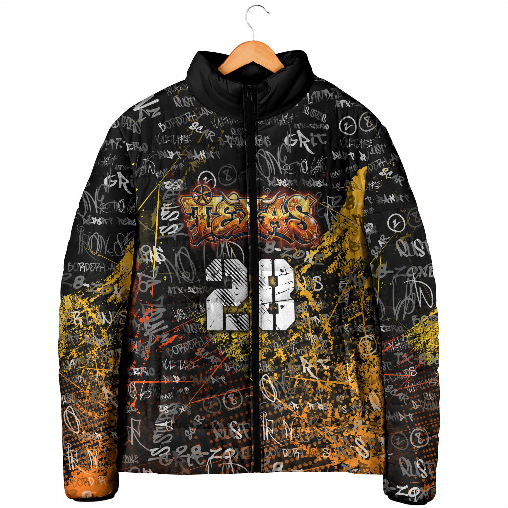 Personalized Texas State Pride Padded Jacket Urban Graffiti Style - Longhorn Skull - Oil Derrick Graphic