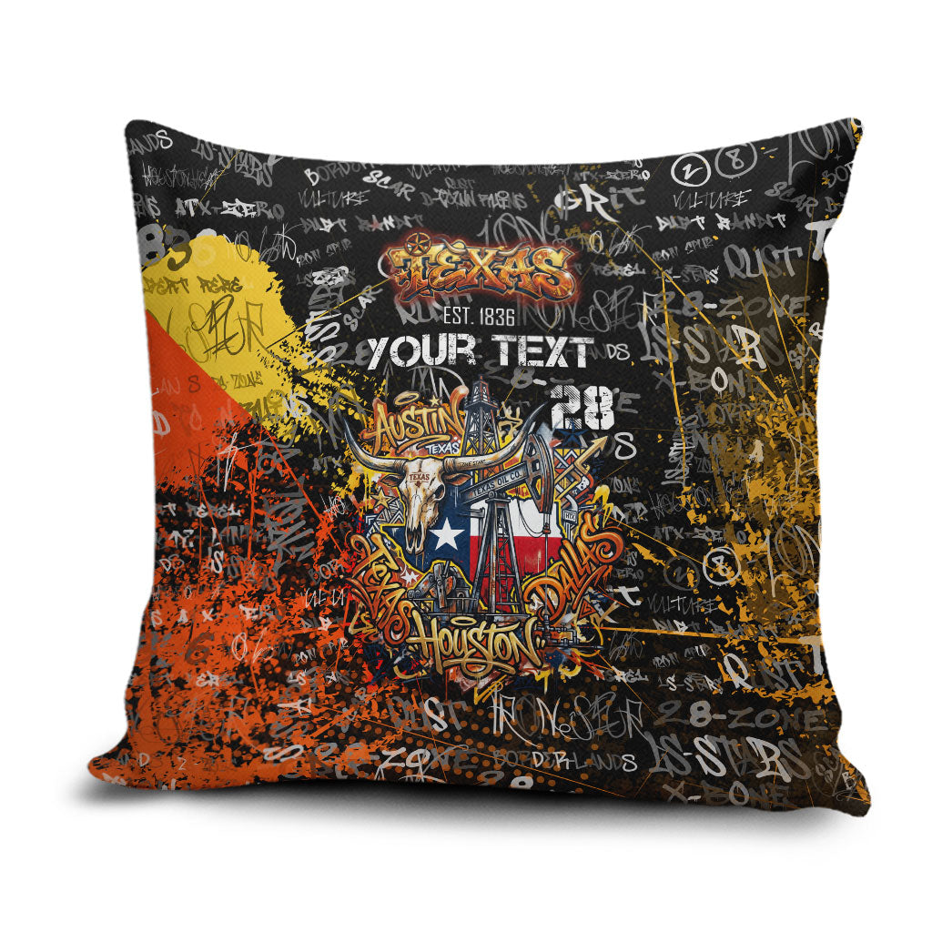 Personalized Texas State Pride Pillow Cover Urban Graffiti Style - Longhorn Skull - Oil Derrick Graphic