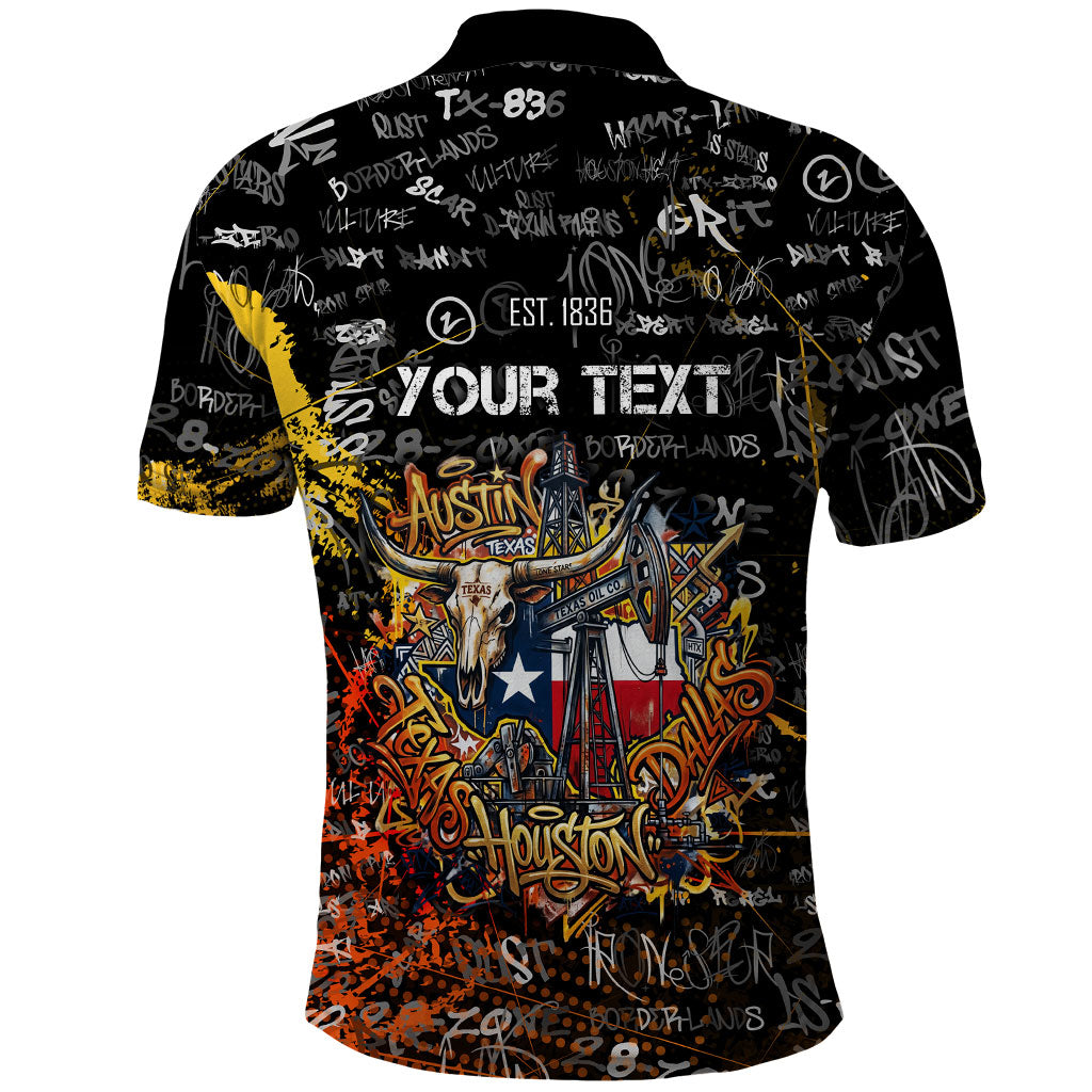 Personalized Texas State Pride Polo Shirt Urban Graffiti Style - Longhorn Skull - Oil Derrick Graphic