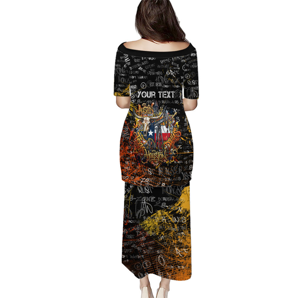 Personalized Texas State Pride Puletasi Urban Graffiti Style - Longhorn Skull - Oil Derrick Graphic