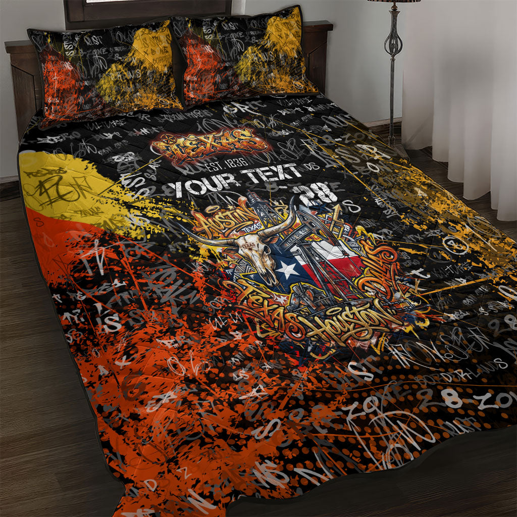 Personalized Texas State Pride Quilt Bed Set Urban Graffiti Style - Longhorn Skull - Oil Derrick Graphic