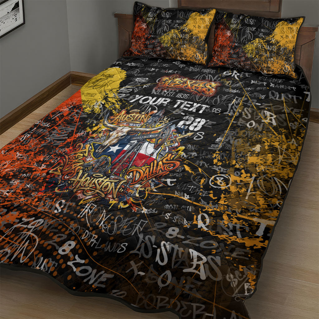 Personalized Texas State Pride Quilt Bed Set Urban Graffiti Style - Longhorn Skull - Oil Derrick Graphic