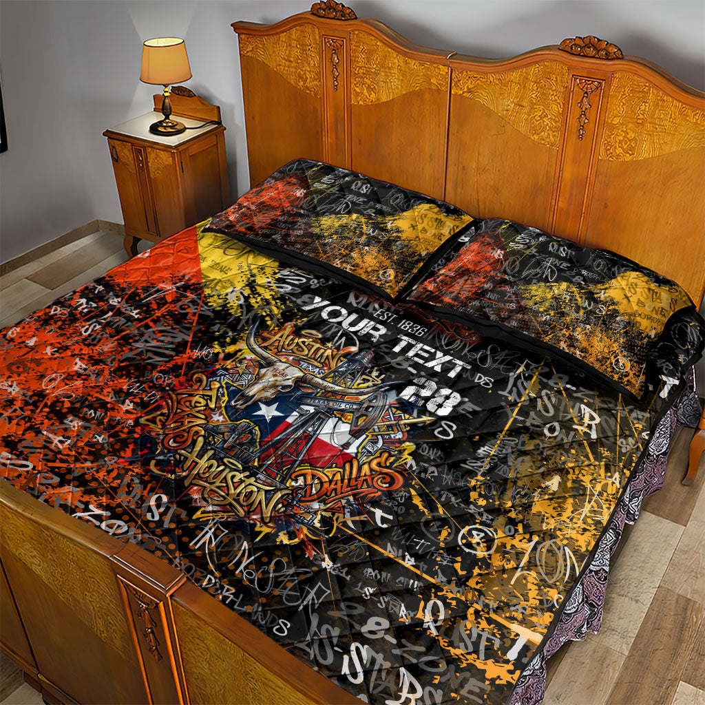 Personalized Texas State Pride Quilt Bed Set Urban Graffiti Style - Longhorn Skull - Oil Derrick Graphic