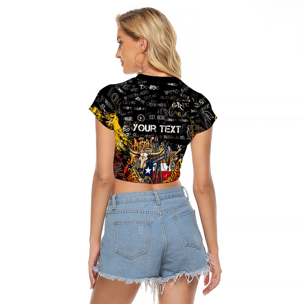 Personalized Texas State Pride Raglan Cropped T Shirt Urban Graffiti Style - Longhorn Skull - Oil Derrick Graphic