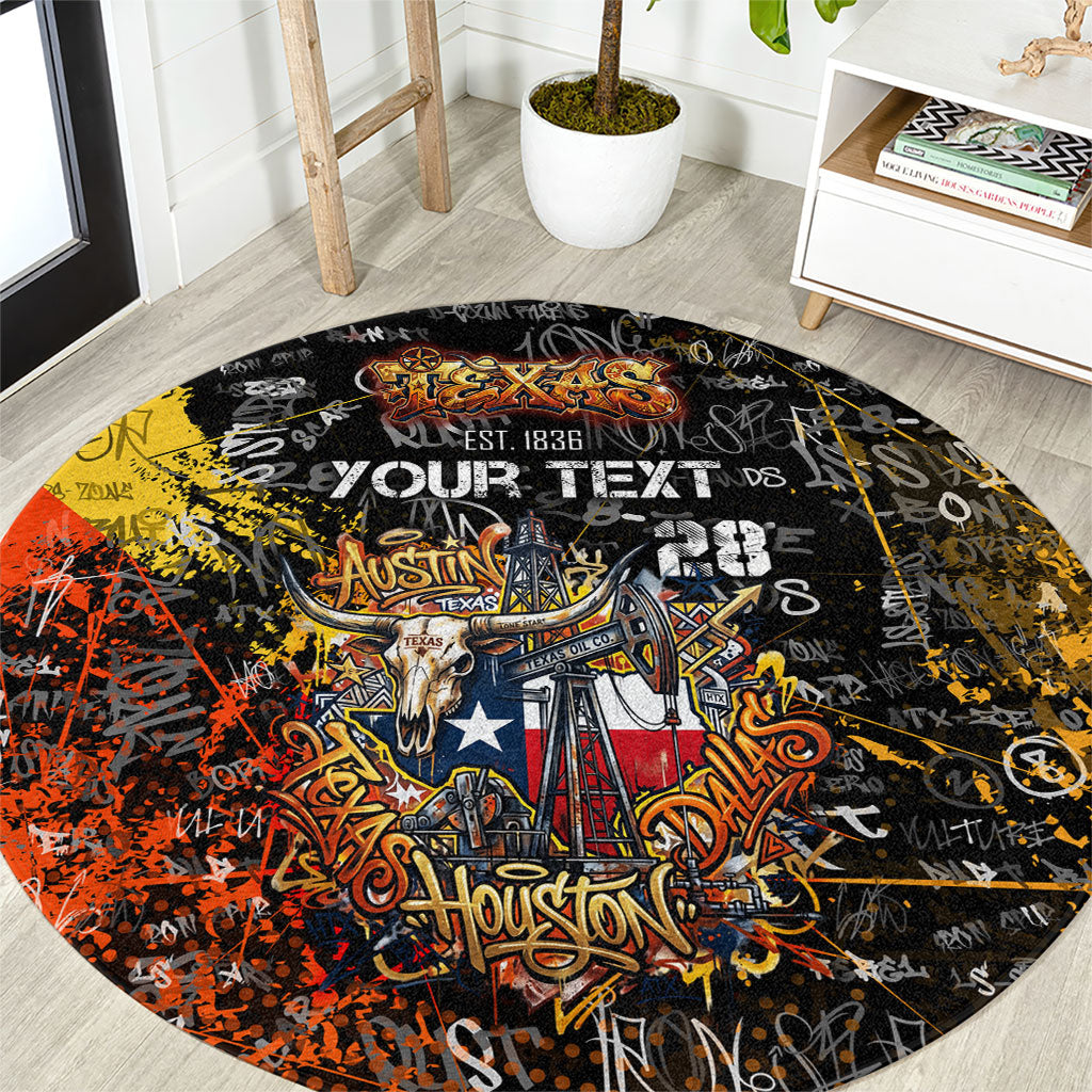 Personalized Texas State Pride Round Carpet Urban Graffiti Style - Longhorn Skull - Oil Derrick Graphic