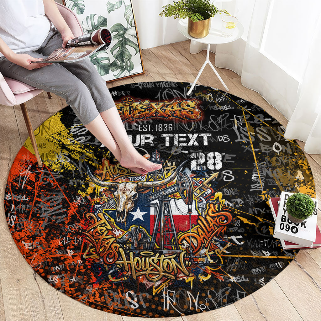 Personalized Texas State Pride Round Carpet Urban Graffiti Style - Longhorn Skull - Oil Derrick Graphic