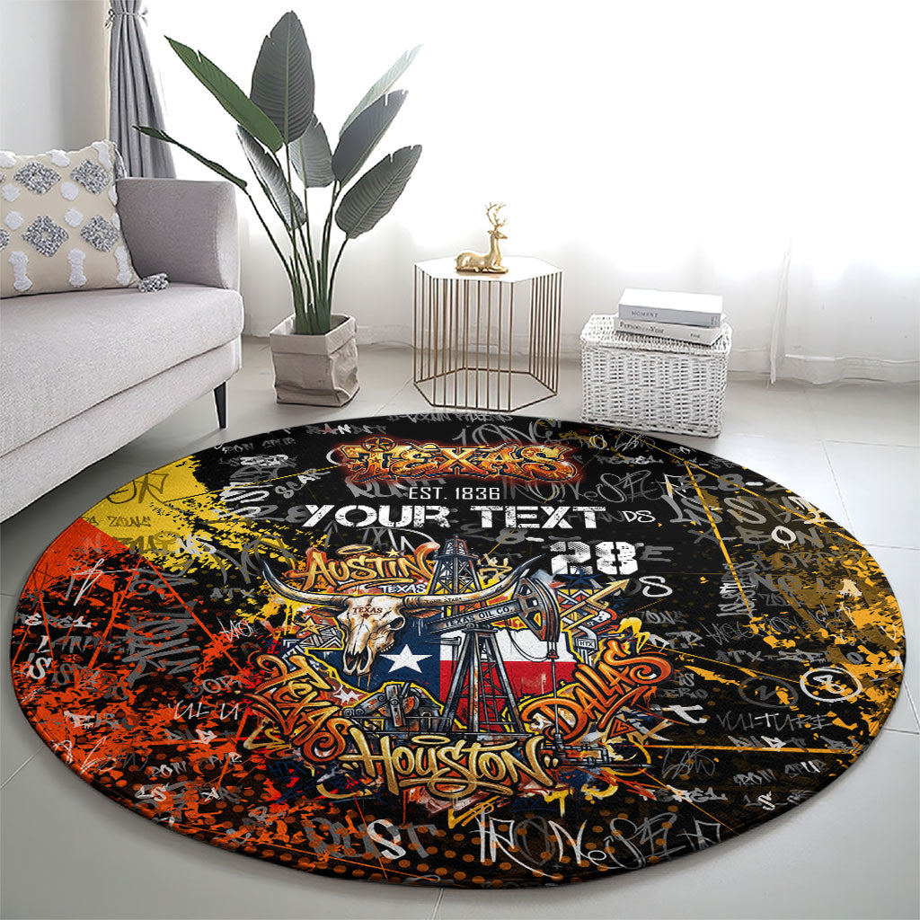 Personalized Texas State Pride Round Carpet Urban Graffiti Style - Longhorn Skull - Oil Derrick Graphic