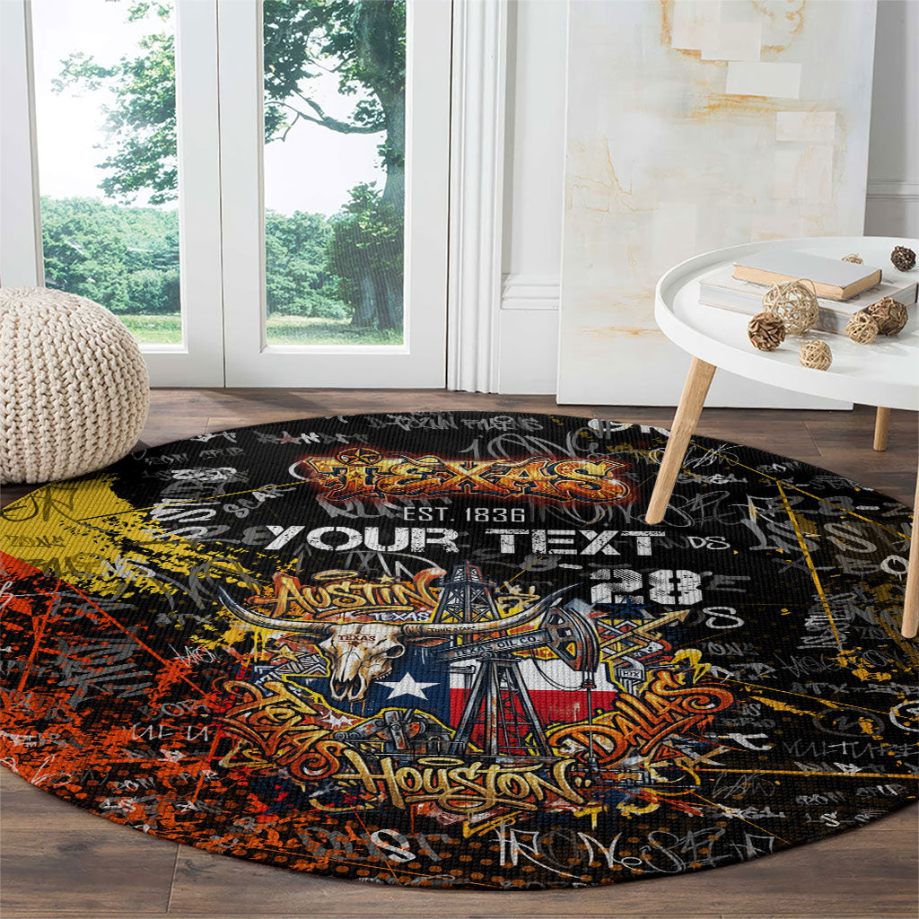 Personalized Texas State Pride Round Carpet Urban Graffiti Style - Longhorn Skull - Oil Derrick Graphic