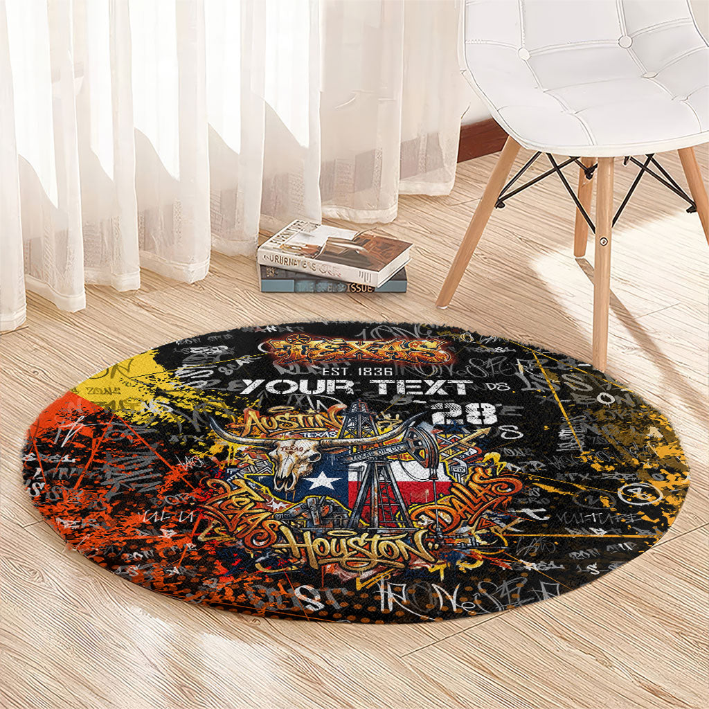 Personalized Texas State Pride Round Carpet Urban Graffiti Style - Longhorn Skull - Oil Derrick Graphic