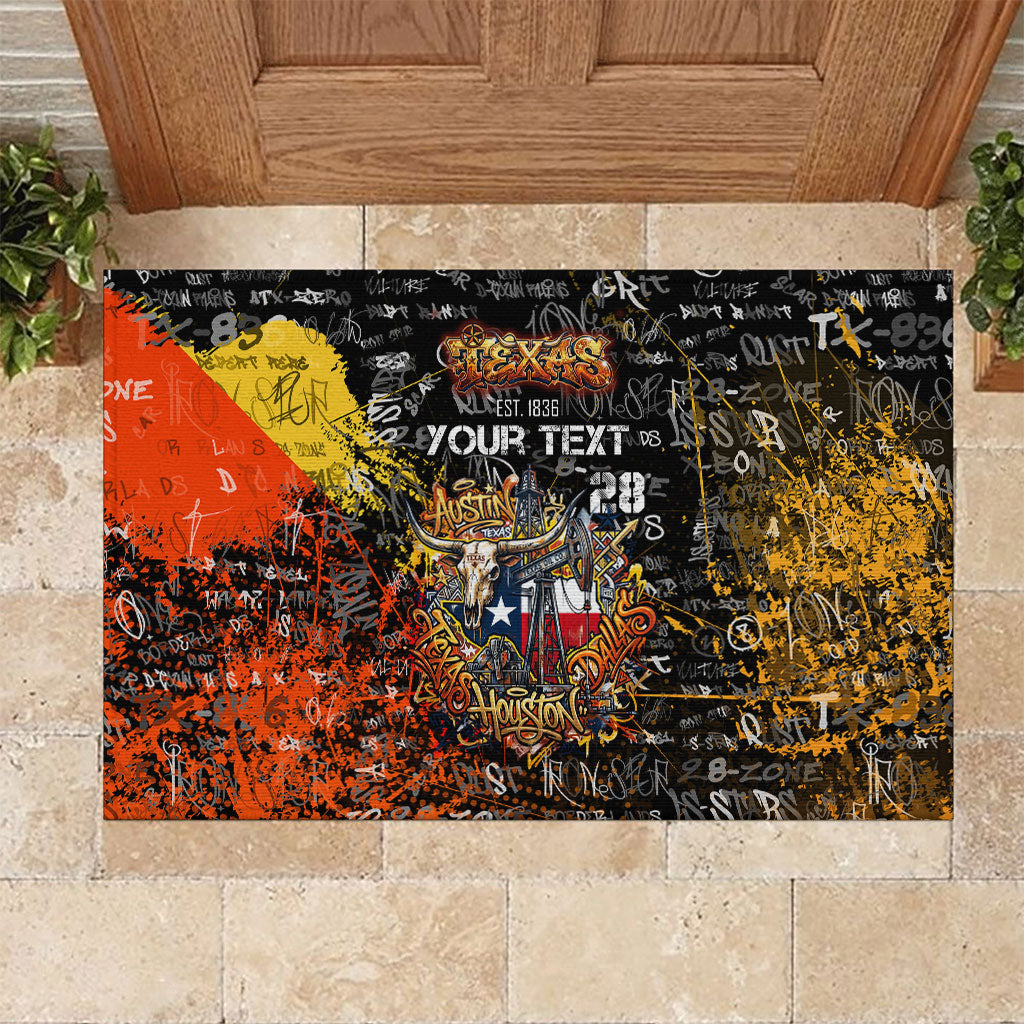 Personalized Texas State Pride Rubber Doormat Urban Graffiti Style - Longhorn Skull - Oil Derrick Graphic