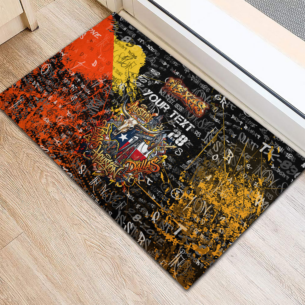 Personalized Texas State Pride Rubber Doormat Urban Graffiti Style - Longhorn Skull - Oil Derrick Graphic