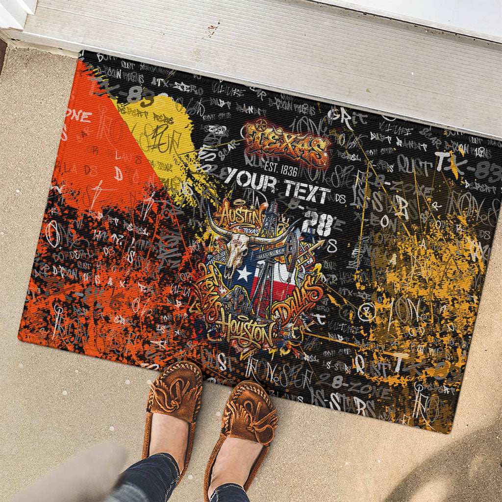 Personalized Texas State Pride Rubber Doormat Urban Graffiti Style - Longhorn Skull - Oil Derrick Graphic