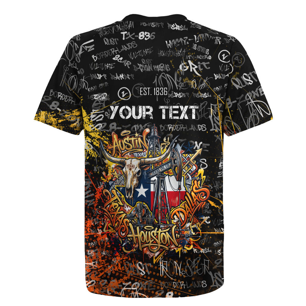 Personalized Texas State Pride Rugby Jersey Urban Graffiti Style - Longhorn Skull - Oil Derrick Graphic