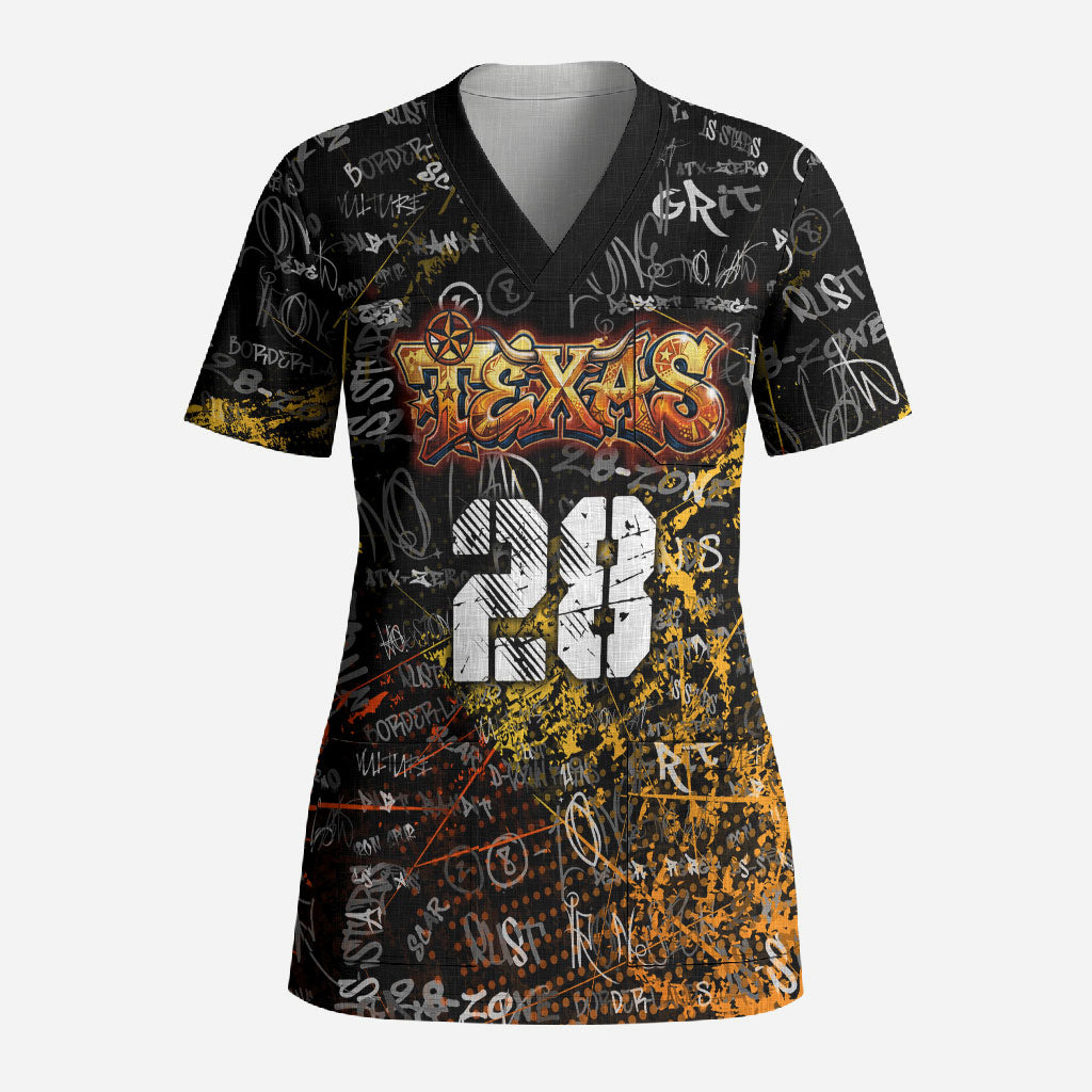 Personalized Texas State Pride Scrub Top Urban Graffiti Style - Longhorn Skull - Oil Derrick Graphic