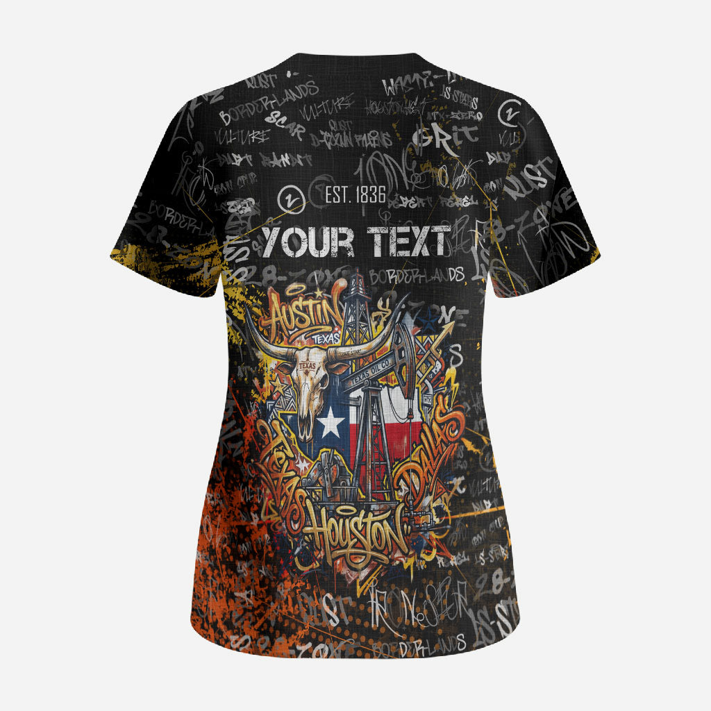 Personalized Texas State Pride Scrub Top Urban Graffiti Style - Longhorn Skull - Oil Derrick Graphic
