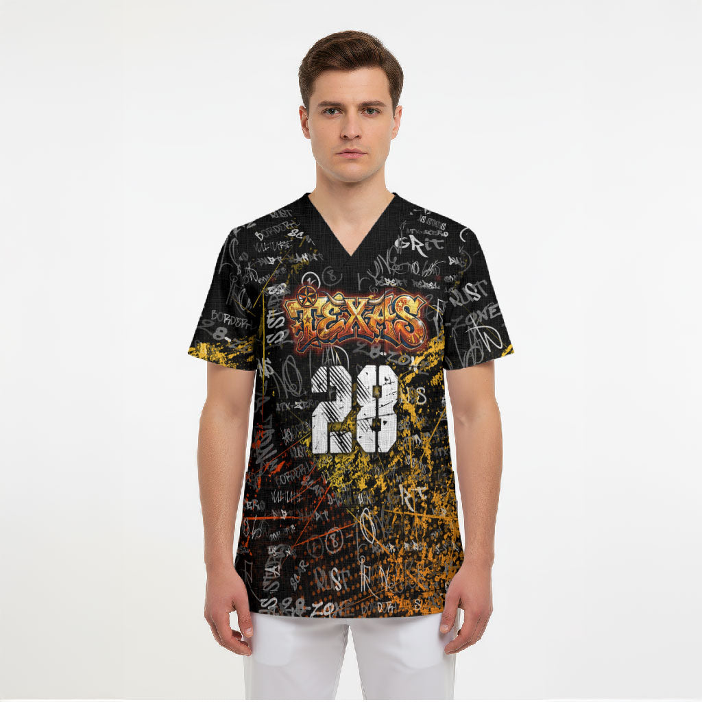Personalized Texas State Pride Scrub Top Urban Graffiti Style - Longhorn Skull - Oil Derrick Graphic