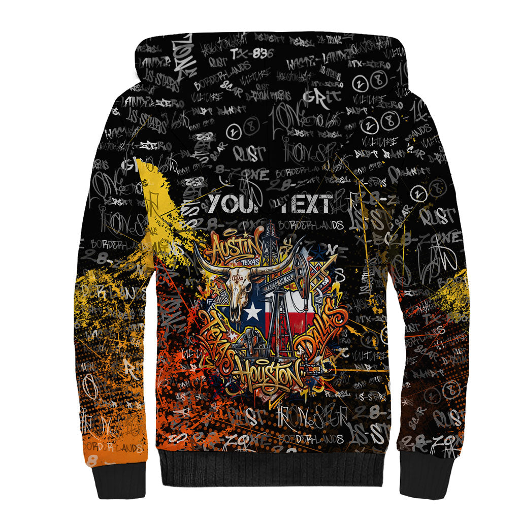 Personalized Texas State Pride Sherpa Hoodie Urban Graffiti Style - Longhorn Skull - Oil Derrick Graphic