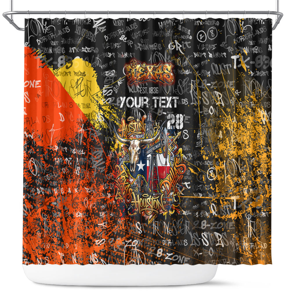 Personalized Texas State Pride Shower Curtain Urban Graffiti Style - Longhorn Skull - Oil Derrick Graphic