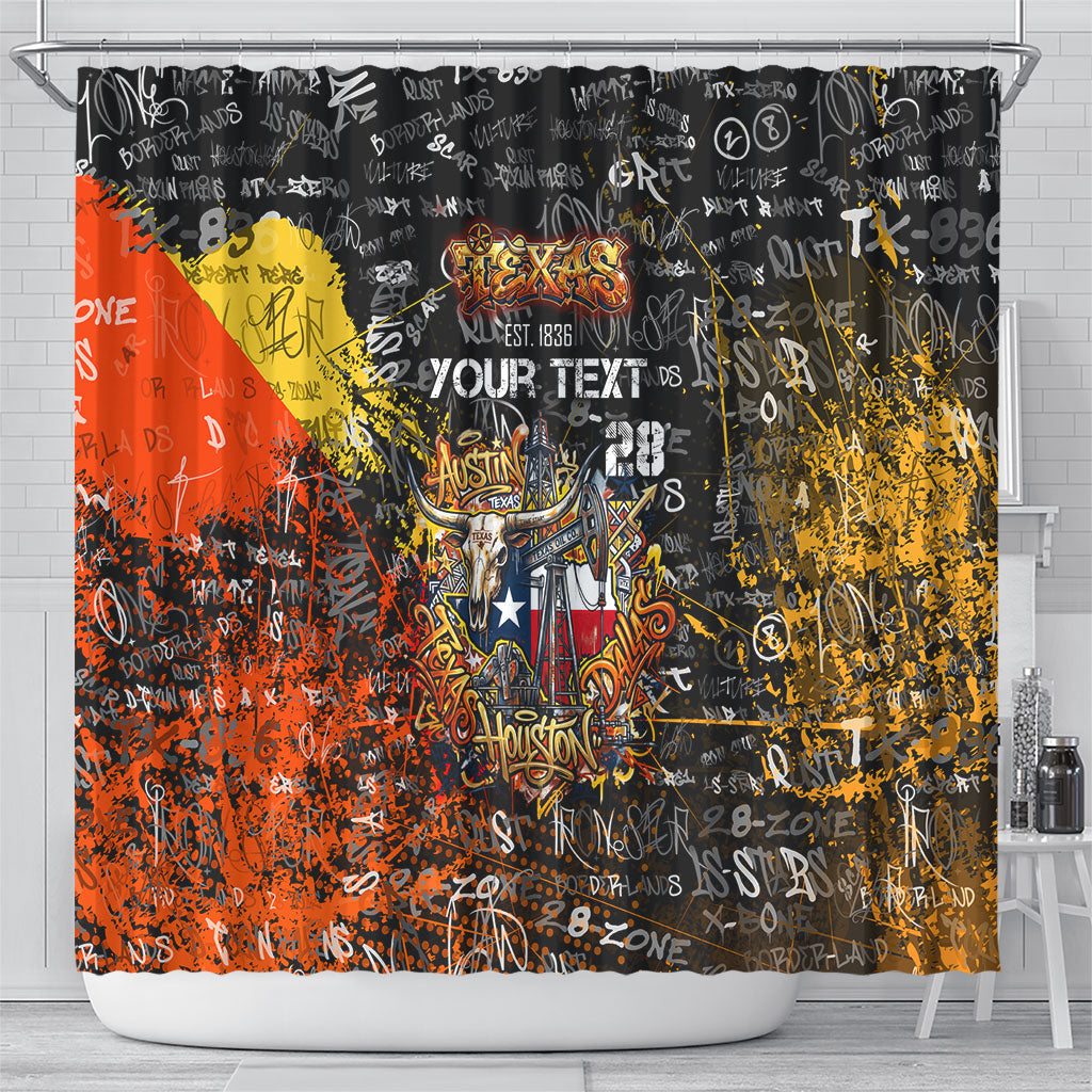 Personalized Texas State Pride Shower Curtain Urban Graffiti Style - Longhorn Skull - Oil Derrick Graphic