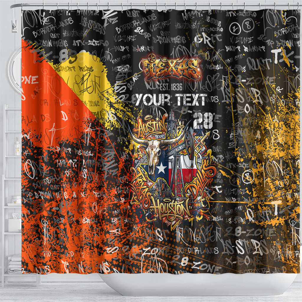 Personalized Texas State Pride Shower Curtain Urban Graffiti Style - Longhorn Skull - Oil Derrick Graphic