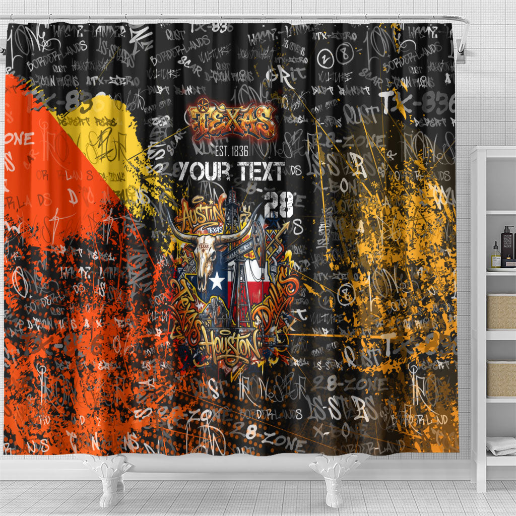 Personalized Texas State Pride Shower Curtain Urban Graffiti Style - Longhorn Skull - Oil Derrick Graphic